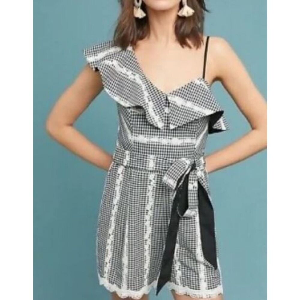 NWT Anthropologie Adelyn Rae Gingham Romper Small S One Shoulder Black White New - Picture 2 of 11